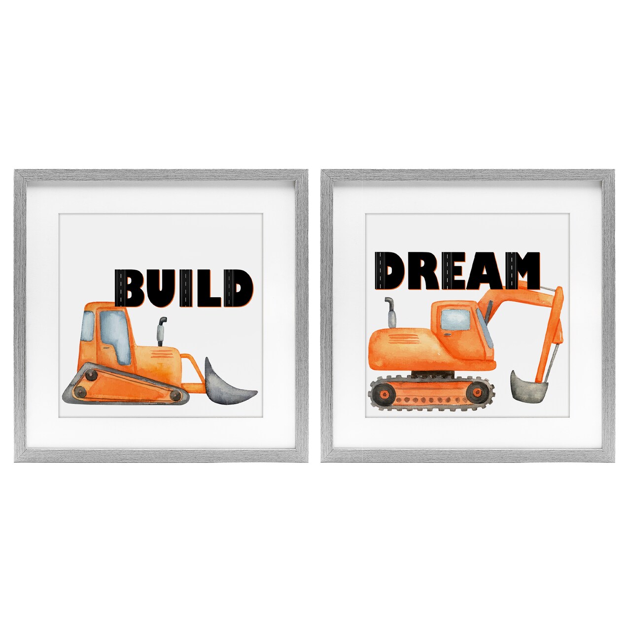 Stupell Industries Build & Dream Construction Vehicles 2pc Framed Print Under Glass Set, design by Kim Allen